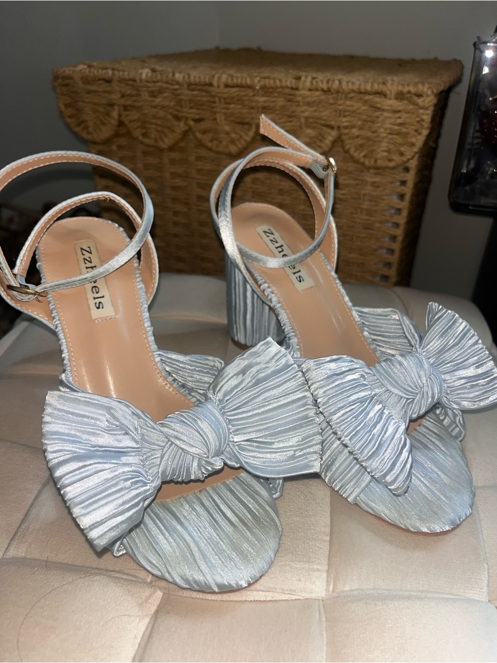 Light Blue Bow Block Heel Sandals